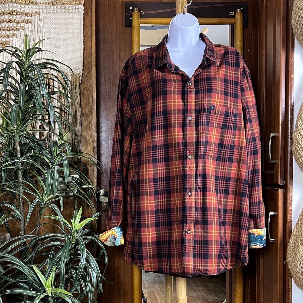 Pladra Flannel Shirt Womens 2X Plus Red Plaid Fish Trout Flip Cuff Cotton USA